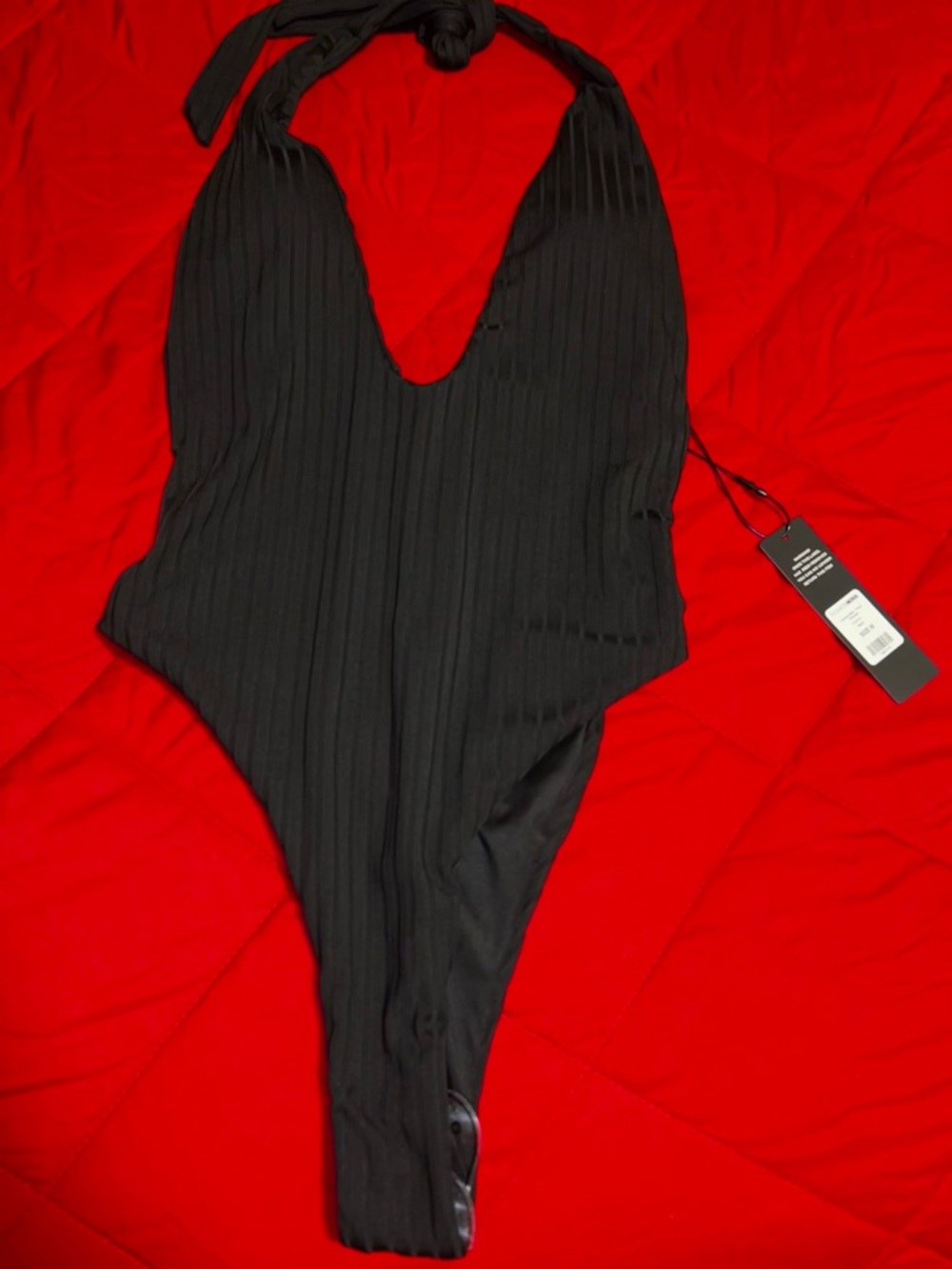 Fashion Nova Black Ribbed Halter One-Piece Swimsuit